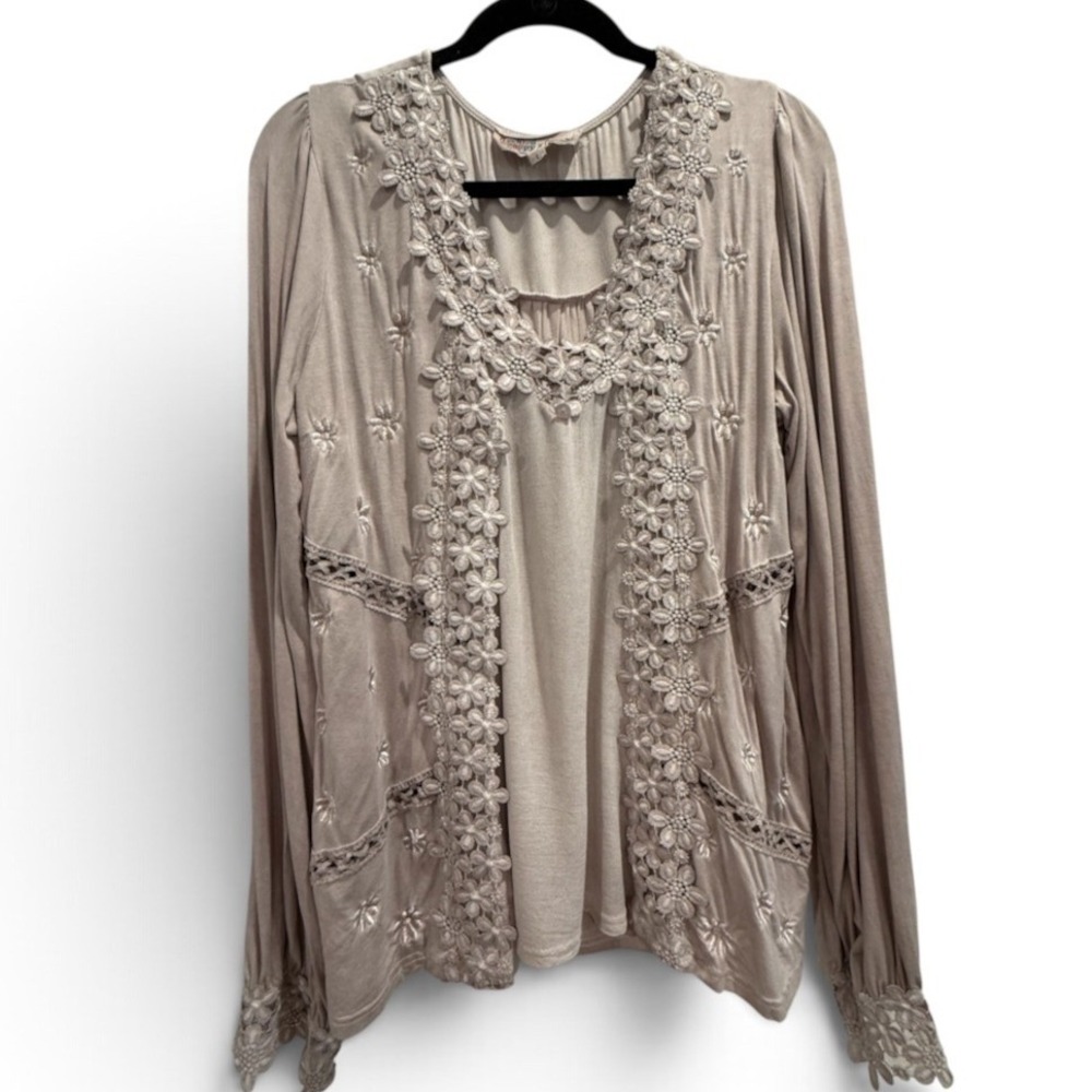Freckled Poppy x POL Mauve Taupe Floral Lace Crochet Embroidered Boho Top Large
